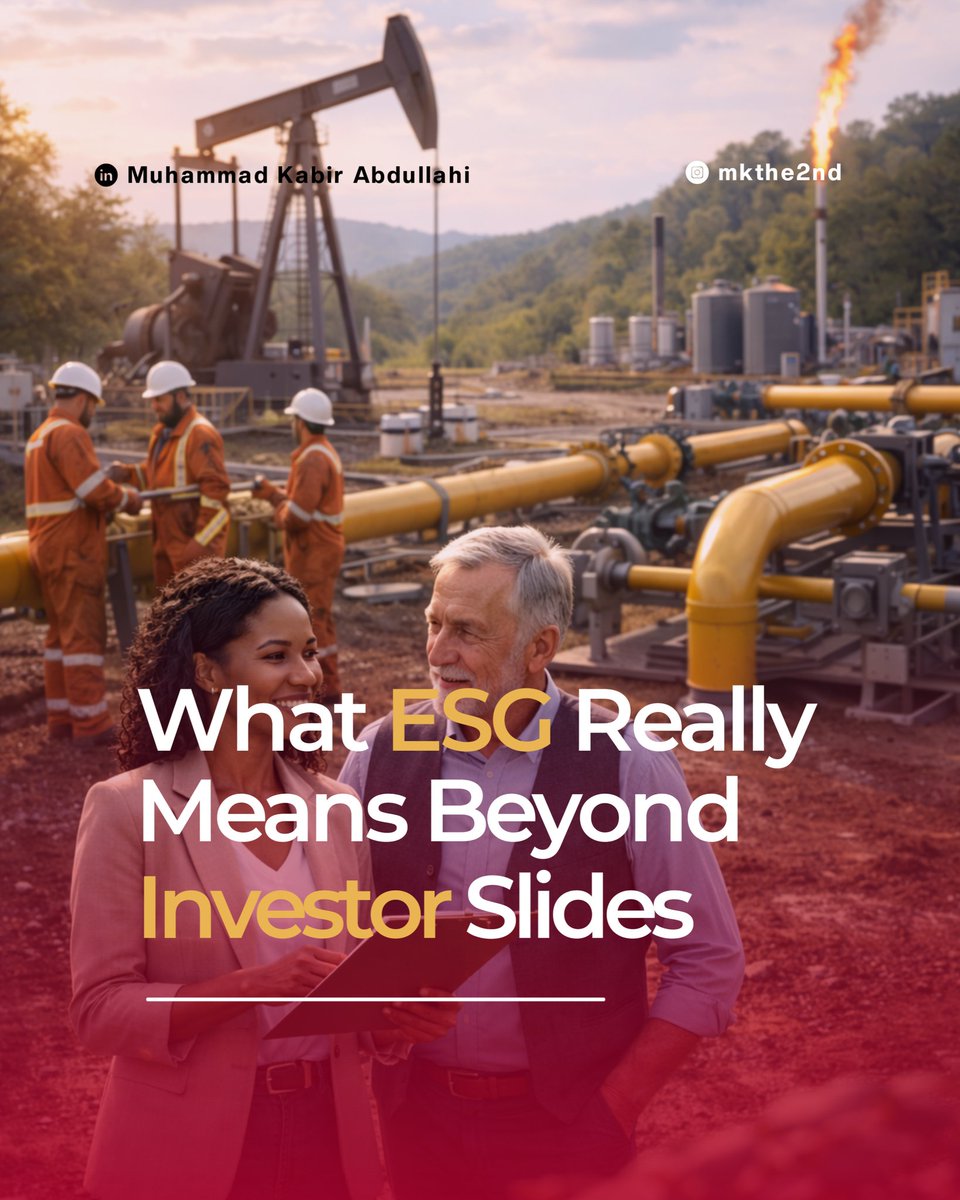 MKthe2nd's tweet photo. ENVIRONMENTAL, SOCIAL, AND GOVERNANCE (ESG): WHAT IT REALLY MEANS BEYOND INVESTOR SLIDES

Environmental, Social, and Governance (ESG) often looks impressive in presentations. But operational resilience is not built on slides.

Across the energy sector, ESG is frequently reduced to disclosures, scorecards, and reporting language. In reality, ESG is not just a communications framework  it is a risk management architecture.

At its core, ESG measures governance discipline, social license to operate, environmental exposure, and long-term operational resilience.

When ESG is treated as branding, it becomes cosmetic. When it is embedded into decisions, it becomes strategic.

Real ESG shows up in maintenance culture, safety enforcement, procurement transparency, regulatory compliance, and leadership accountability.
If ESG does not influence operations, capital allocation, and project execution, it is not ESG  it is marketing.

So the real question is: Where does ESG show up in daily operations beyond the annual report?