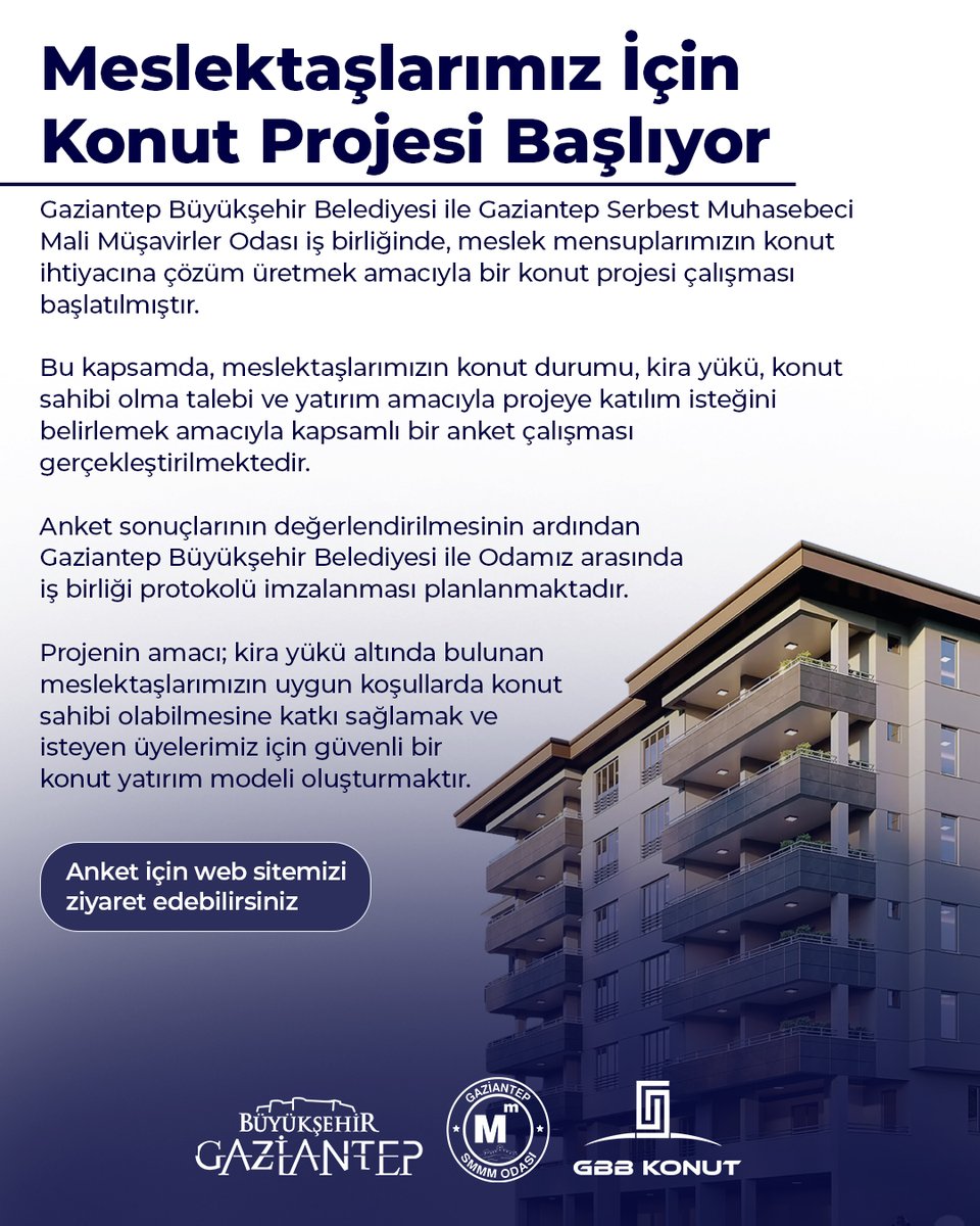 MESLEKTAŞLARIMIZ İÇİN KONUT PROJESİ BAŞLIYOR

Gaziantep Büyükşehir Belediyesi ile Gaziantep Serbest Muhasebeci Mali Müşavirler Odası iş birliğinde, meslek mensuplarımızın konut ihtiyacına çözüm üretmek amacıyla bir konut projesi çalışması başlatılmıştır.