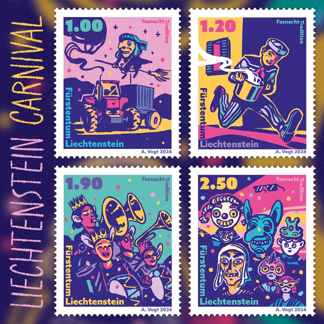 WopaPlus's tweet image. This colourful collection of stamps celebrates the annual tradition of carnival in Liechtenstein #stamps #philately #carnival #liechtenstein