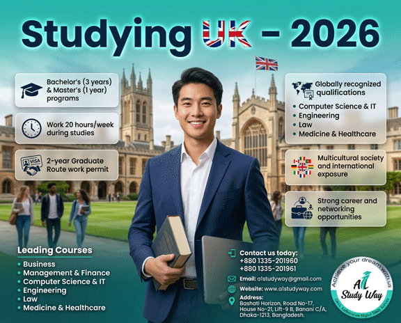 A1StudyWay's tweet photo. UK 2026: 3-yr Bachelor's, 1-yr Master's. 🎓

Study, work (20 hrs/wk), then stay 2 yrs via Graduate Route. 🇬🇧

Top courses in Finance, CS, Engineering.

A1 Study Way - 
01335201962, +880 1335-201960
a1studyway@gmail.com
https://t.co/CIW7XCkAm6

#StudyInUK #UK2026 #GraduateRoute https://t.co/x8xLIBGnQA