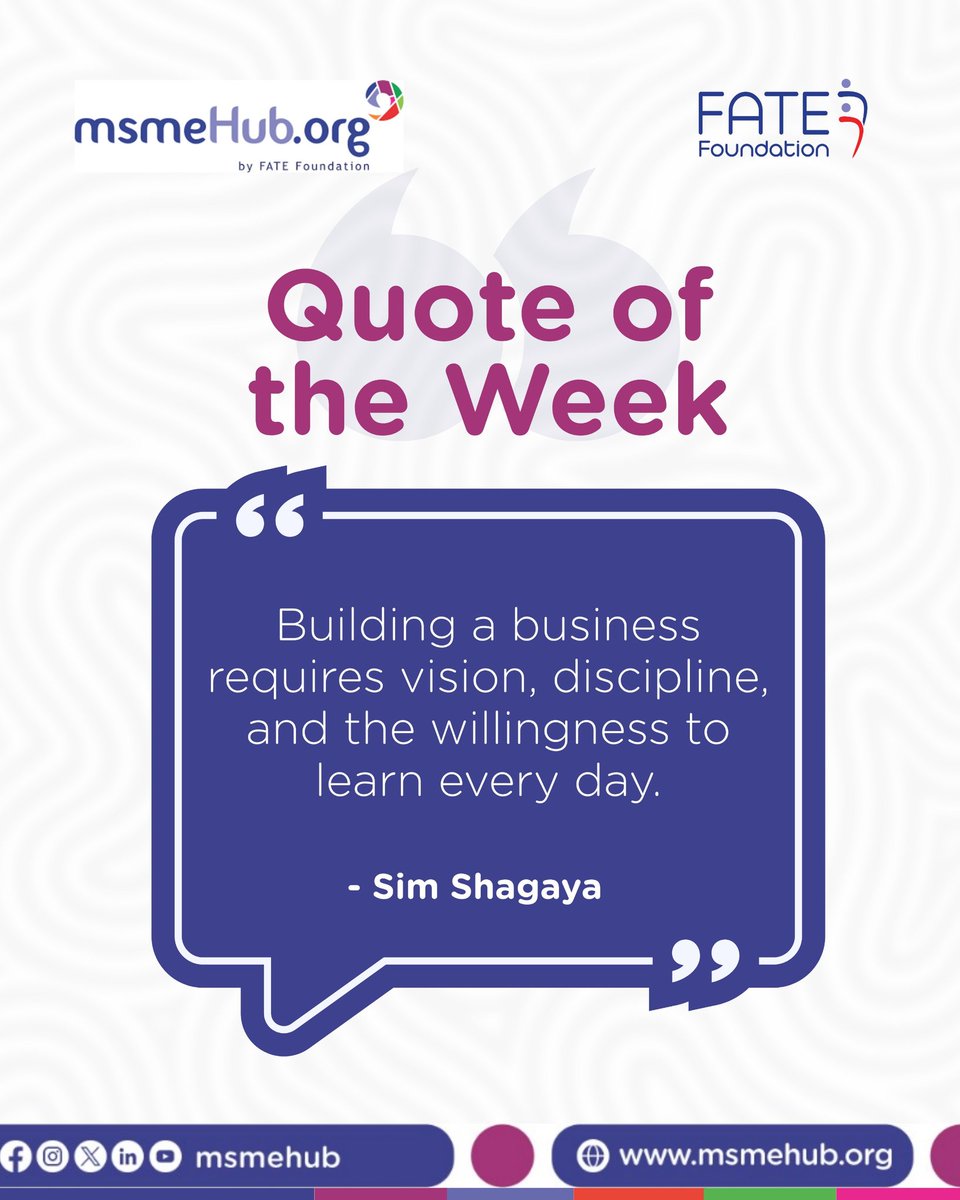 Building a business takes vision, discipline, and daily learning. Growth comes from consistent effort, resilience, and courage.

Every day is a chance to improve, create value, and move closer to your goals. 

Cheers to a great day and week ahead!

#msmeHub