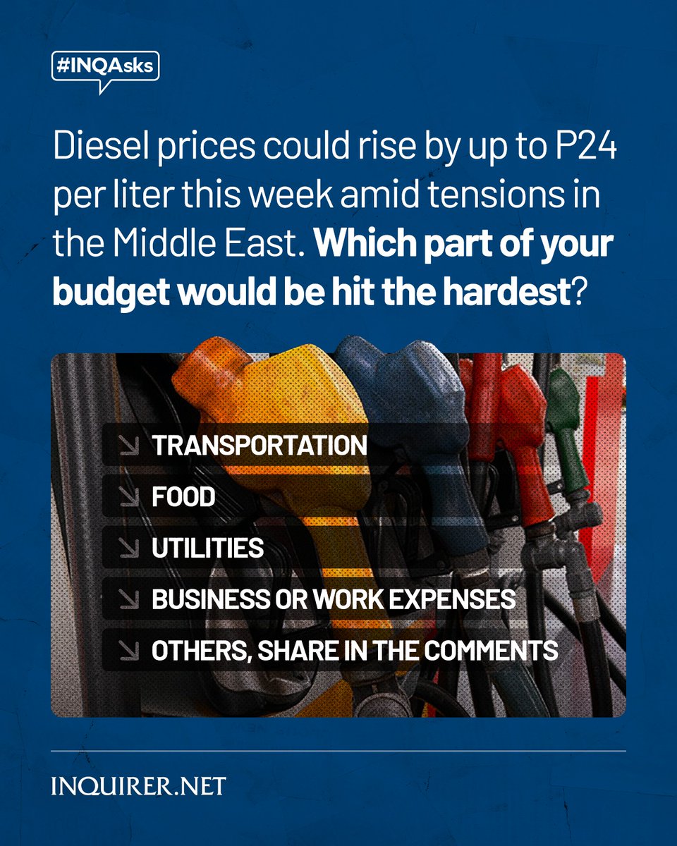 inquirerdotnet's tweet photo. Economists warn that if the Middle East conflict continues, it could both raise fuel prices and speed up inflation, raising the cost of goods and services.
#INQAsks: Which part of your budget will feel it the most? 💸
READ RELATED STORY: https://t.co/dFuRGaksMJ https://t.co/vhd64CCm8z