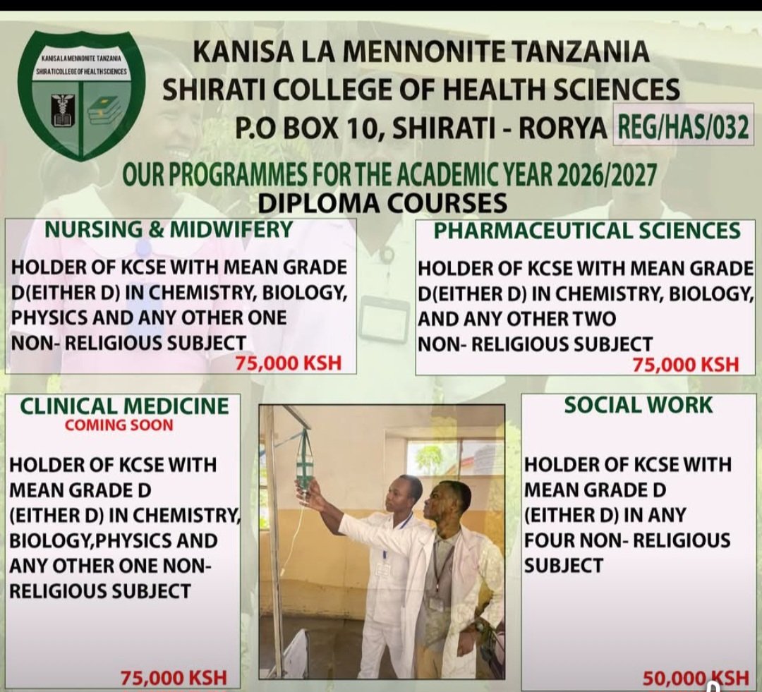 Kenyans struggling to be admitted to KMTC,please cross the southern border. Hapa Shirati college of health sciences  will admit you to any Diploma program so long as you have mean grade D. College is in Shirati town, Rorya district in Mara region.
