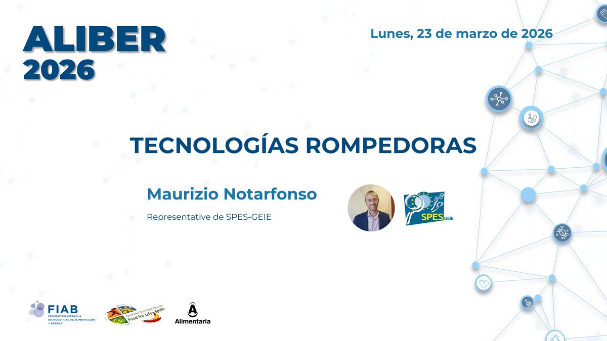 Food4LifeSPAIN's tweet image. 🎤 Ponentes | #ALIBER2026

📢 El próximo lunes, 23 de marzo, en #ALIBER, tendrá lugar la mesa redonda “Tecnologías rompedoras”, en la que intervendrán: 👇🏻

✅ Maurizio Notarfonso, Representative de #SPES-GEIE.

📲 ¡Inscríbete ya!👇🏻
form.jotform.com/260323654203346