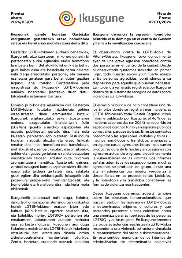 ikusgune's tweet photo. Ikusgune denuncia la agresión homófoba ocurrida este domingo en el centro de Gasteiz contra un vecino de la ciudad. El observatorio ha registrado lo sucedido en su sistema de recogida de incidencias LGTBI+fóbicas y muestra todo su apoyo a la persona agredida. https://t.co/VeFJIcnZxv