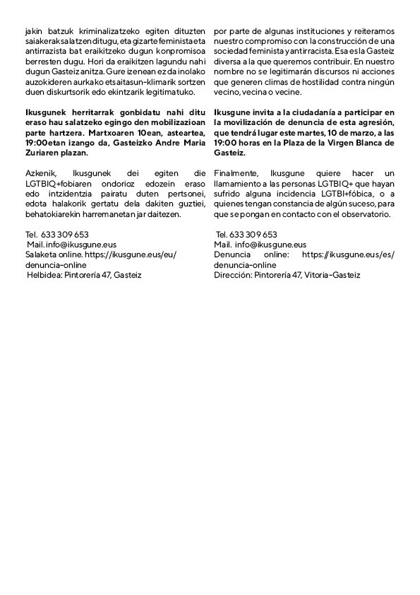 ikusgune's tweet photo. Ikusgune denuncia la agresión homófoba ocurrida este domingo en el centro de Gasteiz contra un vecino de la ciudad. El observatorio ha registrado lo sucedido en su sistema de recogida de incidencias LGTBI+fóbicas y muestra todo su apoyo a la persona agredida. https://t.co/VeFJIcnZxv