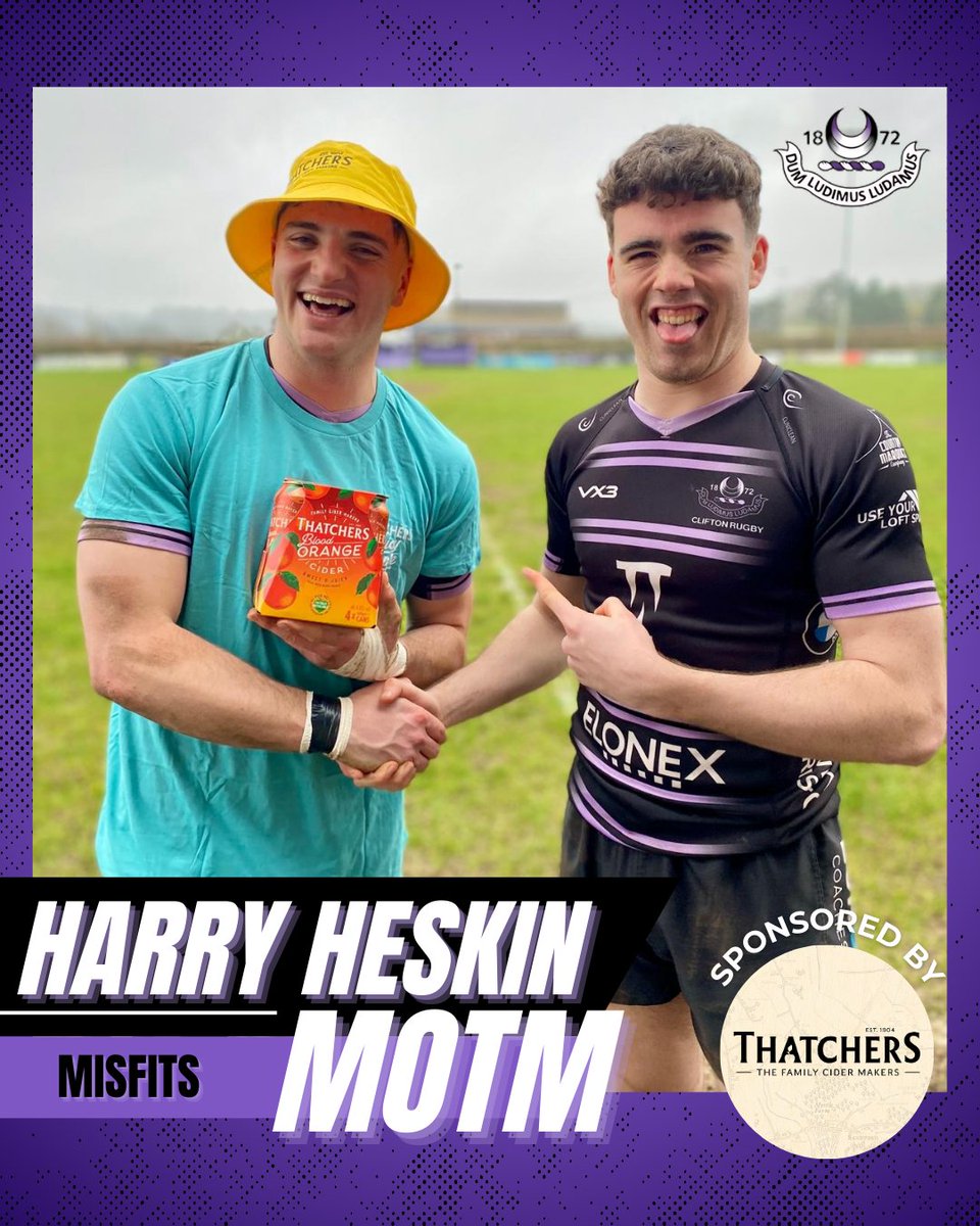 cliftonrugby's tweet photo. Congratulations to the Misfits MOTM! 🤝
Harry Heskin; 🏆sponsored by @thatchers_cider
Well done! ⚫🟣⚫
#cliftonrugby #misfits #motms #menofthematch #thatcherscider #congratulations https://t.co/DxzVx80SGW