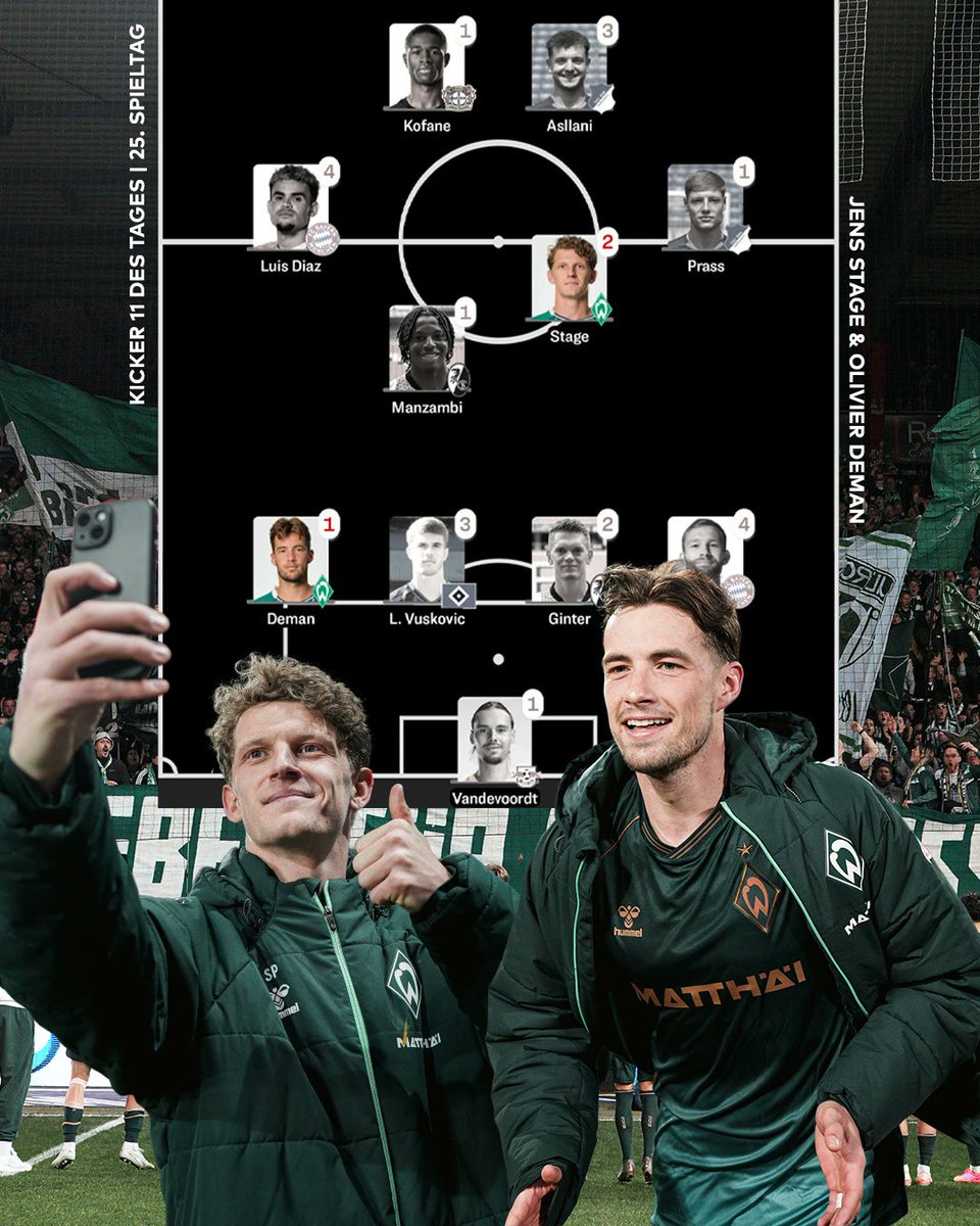 WerderUpdates's tweet image. Dieses Duo! 💚😍

Jens #Stage und Olivier #Deman haben es mit ihren starken Leistungen gegen Union #Berlin in die #kicker-Elf des Tages geschafft! 👏

Mit welchen Zahlen sie überzeugten und was am Wochenende im Werder-Kosmos noch passiert ist, lest ihr in den Kurzpässen!
👉
