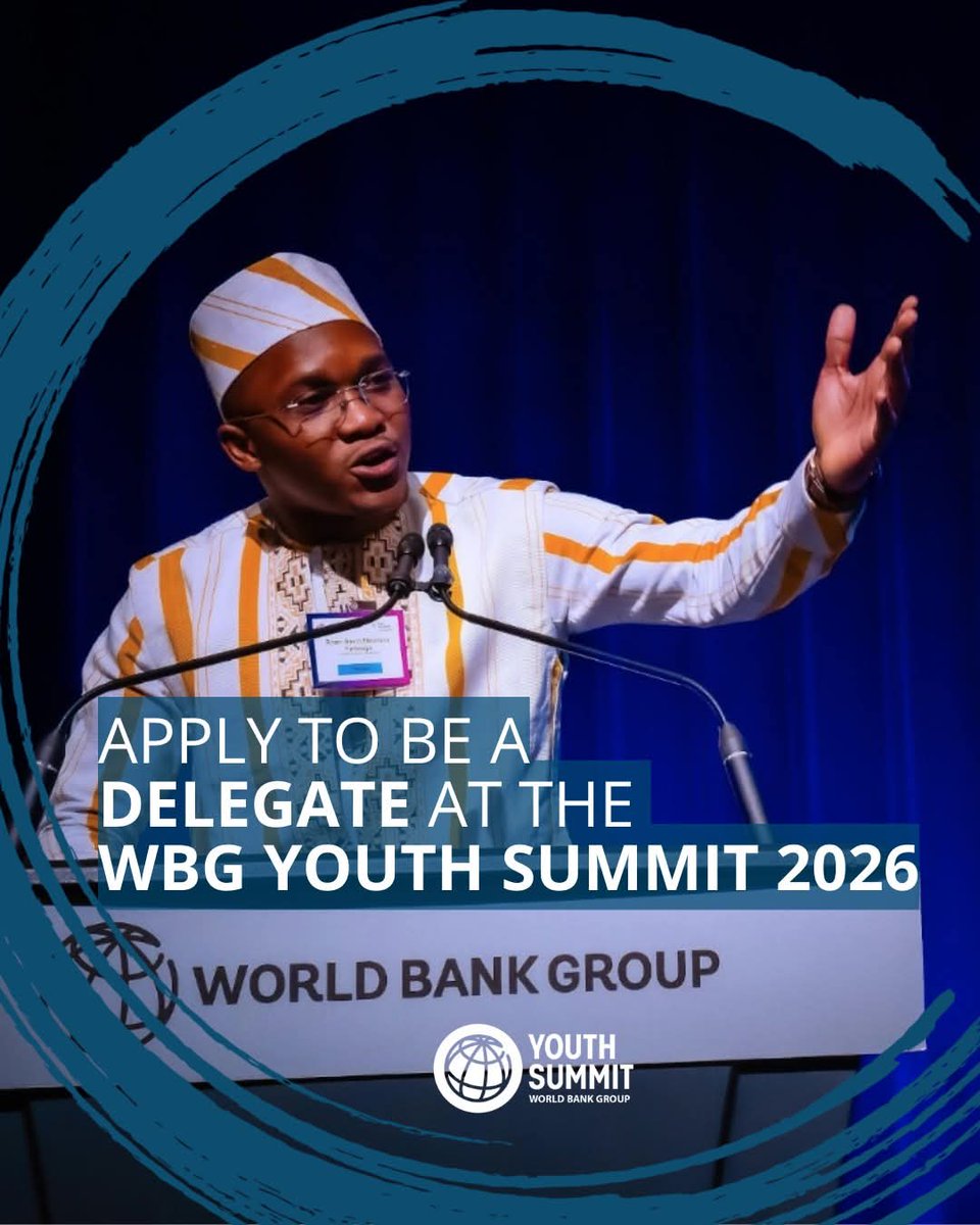 📣 Final call for young leaders aged 18–35 to apply for in-person participation at the World Bank Group Youth Summit 2026 in Washington, DC (11–12 June) under the theme #FutureWorks: Designing Jobs for the Digital Age—apply here bit.ly/46P2FoA  by 11 March 2026.