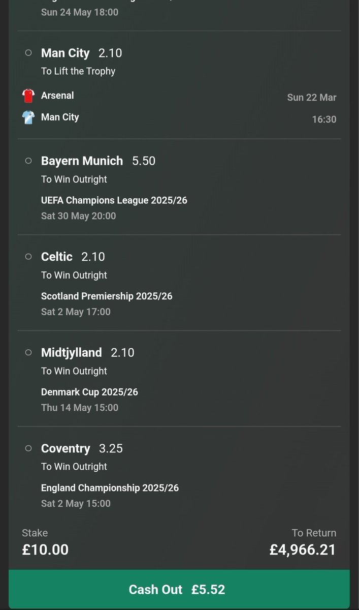The_InplayGenie's tweet photo. If you got on these👇 Barcelona didn't turn it around to qualify, so slip is dead BUT the 496/1 slip is now 355/1. 
Midtylland looks certain✅️
Celtic still have a chance✅️ 
Coventry now clear✅️
Man City to win Prem &amp; Cup🤞⏳️
Bayern Munich to win Champsions League🤞⏳️⚽️ https://t.co/mUalU5qiju
