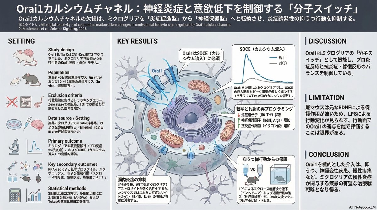 thmonk_pf's tweet image. microglia活性化に於てOrai1 Ca++ channelは脳内の炎症反応を調整する分子switch

このchannelを欠損させたmouseでは神経炎症が抑制され炎症によって引き起こされる意欲の低下やうつ症状といった行動異常が劇的に改善

#inflammation 
#MDD 
#papers 
science.org/doi/10.1126/sc…