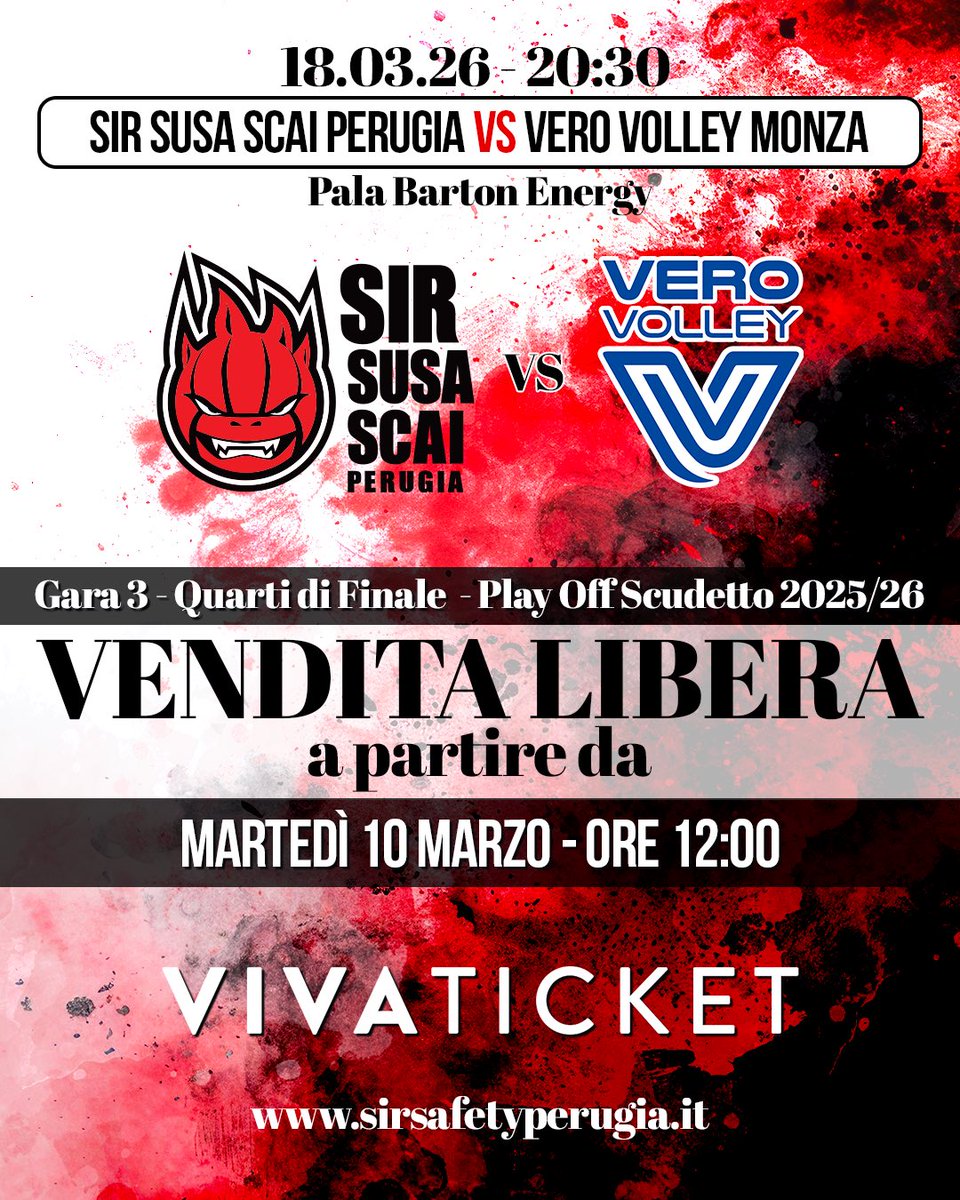 SIRVolleyPG's tweet image. 🎫 𝑽𝑬𝑵𝑫𝑰𝑻𝑨 𝑳𝑰𝑩𝑬𝑹𝑨

Dalle 12:00 di martedì 10 marzo saranno in vendita i biglietti per Gara 3 dei quarti di finale Play Off Scudetto contro Monza, partita prevista il 18 marzo alle 20:30 al Pala Barton Energy.

sirsafetyperugia.vivaticket.it

#BlockDevils