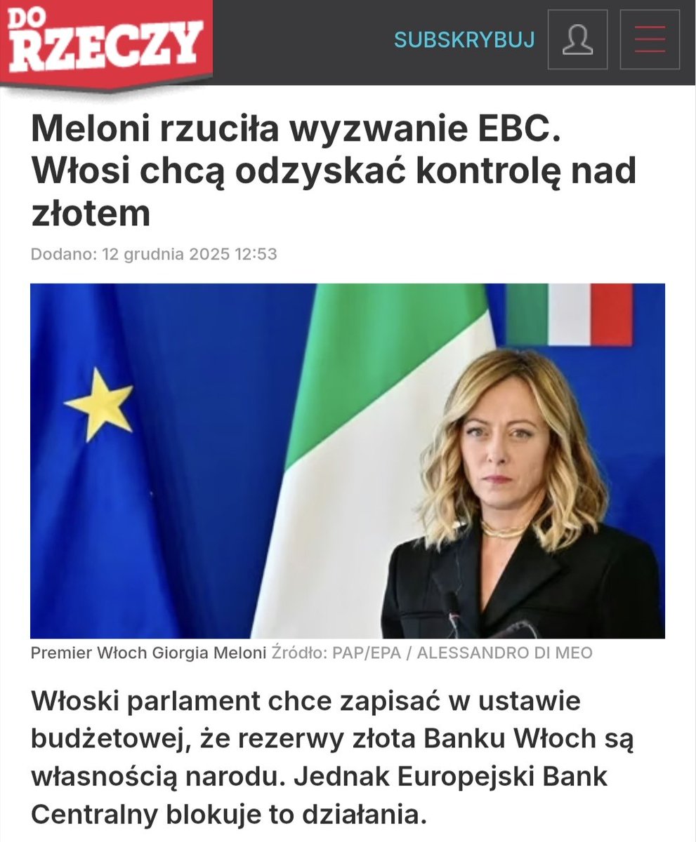 waldemar_buda's tweet photo. Premier @donaldtusk nigdy nie zgodzi się na Polski SAFE oparty o złoto, ponieważ to złoto jest już "obiecane", zobaczcie przykład Włoski, Meloni wystąpiła o zwrot złota a EBC powiedział, że to nie ich tylko Brukseli. https://t.co/DdyGiwxBYR