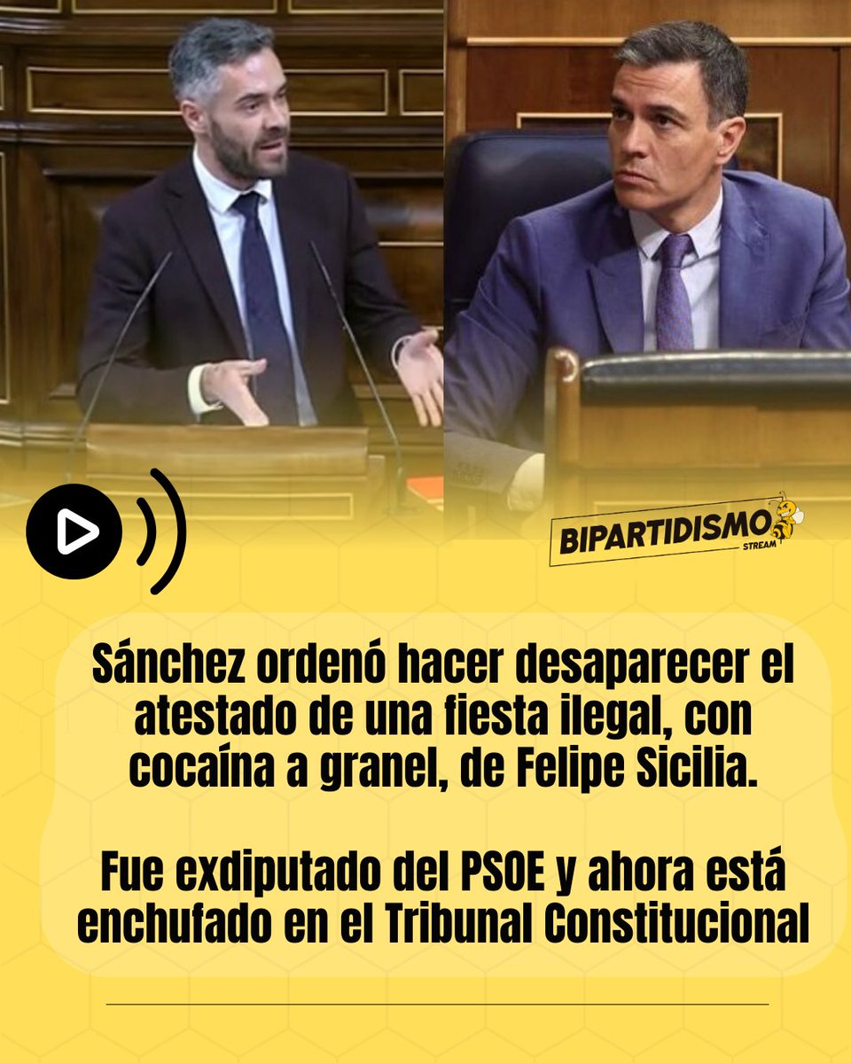 🔴Sánchez ordenó hacer desaparecer el atestado de una fiesta ilegal, con cocaína a granel, de Felipe Sicilia.

Fue exdiputado del PSOE y ahora está enchufado en el Tribunal Constitucional.