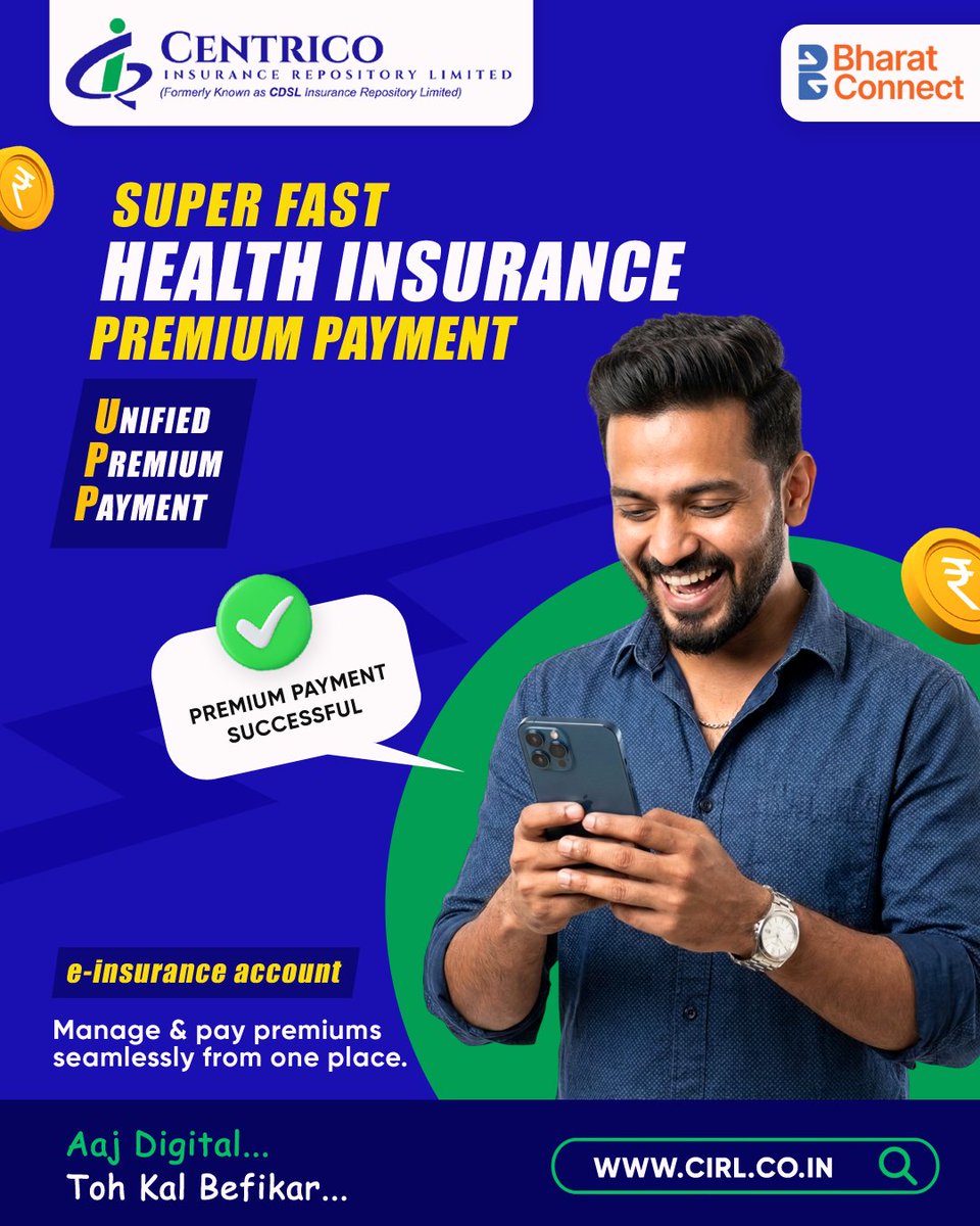 Centrico_IR's tweet image. Pay Your Health Insurance Premium in Seconds. No Hassle. No Delays.

Open your FREE CIRL e-Insurance Account:
cirl.co.in

#BharatConnect #PremiumPayment #eInsurance #LifeInsurance #HealthInsurance #CarInsurance #Insurance #BajajAllianz #TATAAIG #StarHealthInsurance