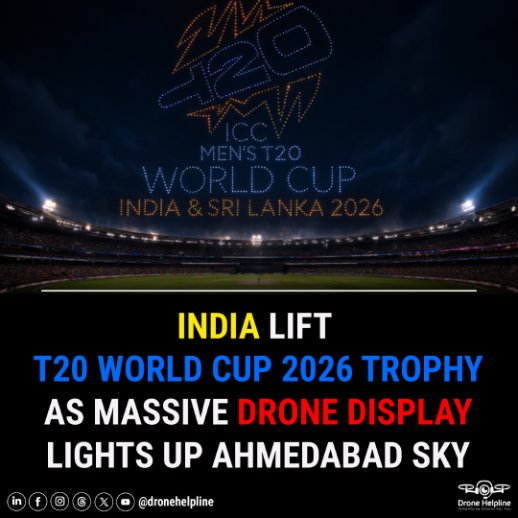 India Celebrate T20 World Cup Final Win Over New Zealand at Narendra Modi Stadium with 1,500-Drone Display by Botlab Dynamics.

Source – linkedin.com/posts/botlab-d…?

#DroneHelpline #Dronenewsdaily #TeamIndia #T20WorldCup2026 #DroneShow #DroneLightShow