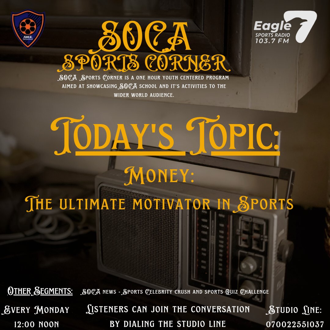 Soca_School's tweet photo. Another Monday, another time for SOCA SPORTS CORNER.

Glue to your radio by 12:00 noon
Tune in to Eagle7 103.7 Sports FM https://t.co/AHhiWxEvey