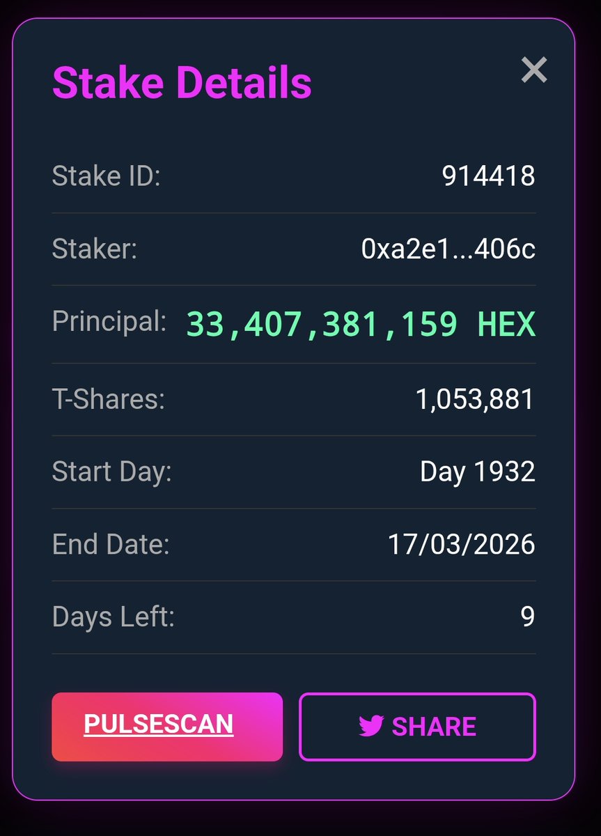Something huge could happen in 9 days, 33B $hex now are  worth $60M

Let's see what happens

$PLS $PLSX $HEX