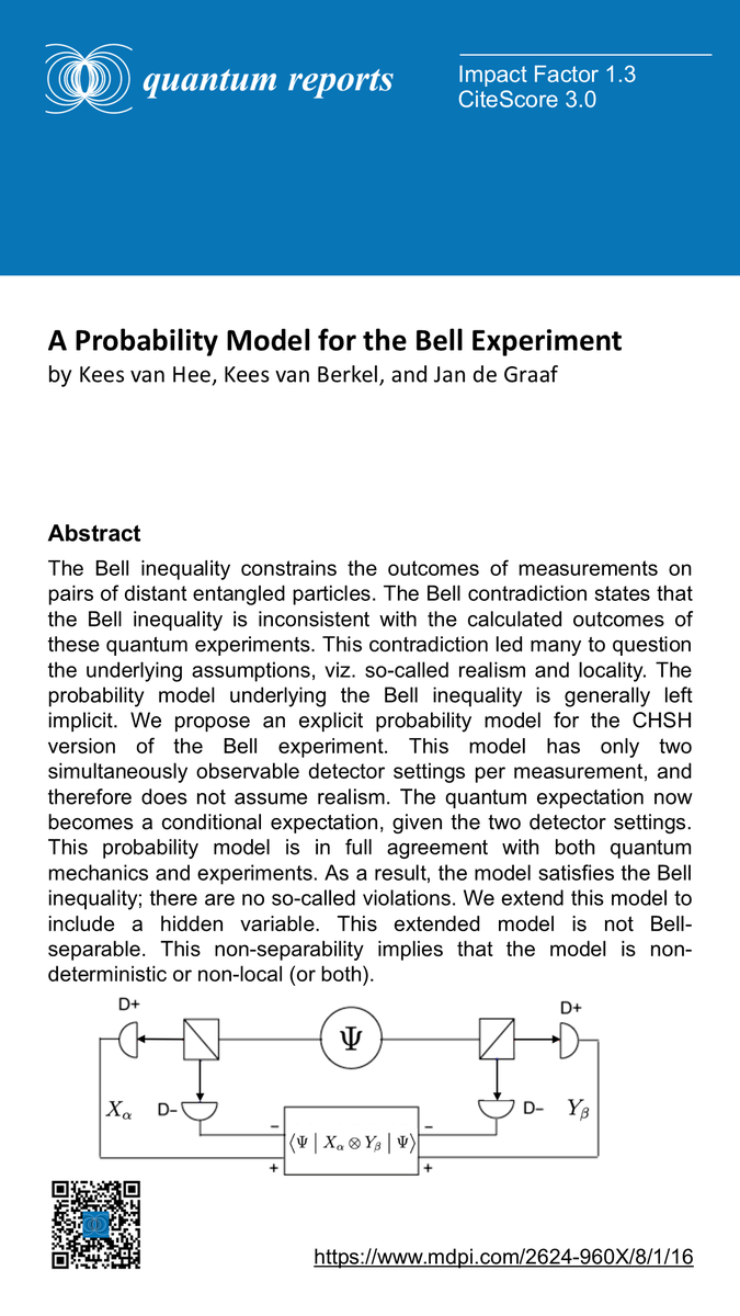 QMdpi's tweet photo. 💡 Read our new article "A Probability Model for the Bell Experiment", by Kees van Hee, et al., from Technical University Eindhoven
🔗 https://t.co/yvQyV9KM6Q
#Bell_inequality
#CHSH_inequality
#EPR_paradox
#separability
#hidden_variables https://t.co/PDrYyvTEUX
