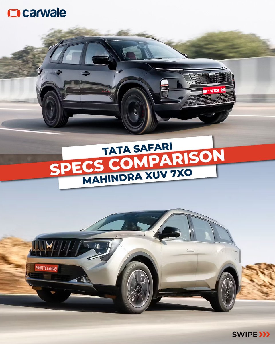 CarWale's tweet photo. The Tata Safari goes up against the Mahindra XUV 7XO — from engine performance and dimensions to features and practicality. Which one stands out on paper?

Check out the full specs comparison and tell us which SUV you would pick. 🚗

#tata #tatasafari #cwactivity #cwcomparison https://t.co/0RQ1k4KisW