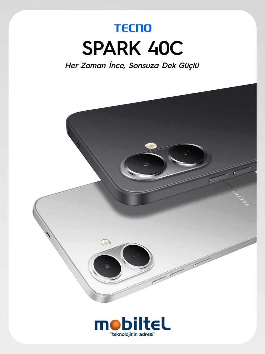 Yeni nesil akıllı telefon deneyimi ile tanışın.
Tecno Spark 40C, ince tasarımı ve güçlü performansıyla günlük hayatınıza hız katıyor. 
✔ 1,5 metreye kadar düşmeye karşı dayanıklı tasarım
✔ Kızılötesi uzaktan kumanda özelliği ile cihazlarınızı telefonunuzdan yönetin

#Mobiltel