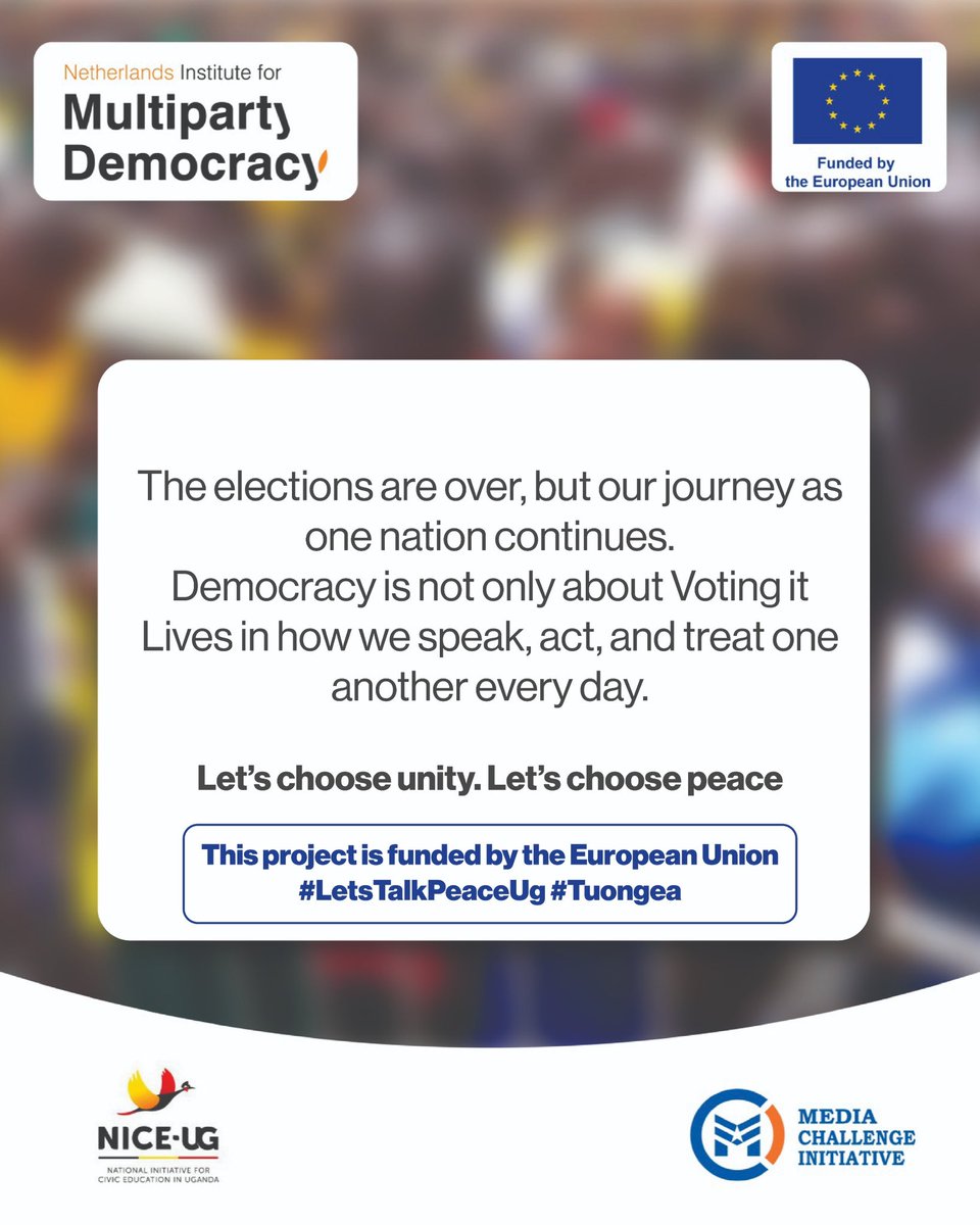 sanyukatv's tweet photo. The elections are over, but our journey as one nation continues.
Democracy is not only about Voting it Lives in how we speak, act, and treat one another every day.
Let's choose unity. Let's choose peace

#LetsTalkPeaceUg #Tuongea
@NimdUganda https://t.co/RbNT84ZJAU