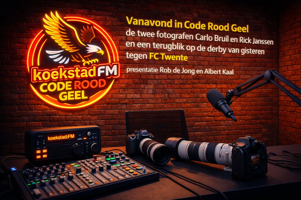 Vanavond in uitzending Code Rood Geel de twee fotografen <a href="/carlobruil/">Carlo Bruil Fotografie</a> en Rick Janssen en terugblik op wedstrijd van gisteren tegen FC Twente. <a href="/Koekstadfm/">Koekstad FM</a>