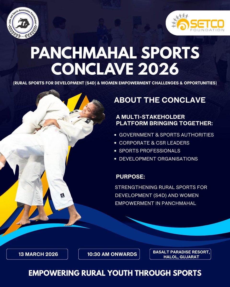 SetcoFoundation's tweet photo. The Panchmahal Sports Conclave 2026 will bring together government, corporates, sports professionals, &amp; development organisations to strengthen Rural Sports for Development (S4D) &amp; Women Empowerment in Panchmahal.

📅 13 March 2026 | 📍 Halol, Gujarat
4 days to go.
 
#conclave https://t.co/MSZcl2aIHi