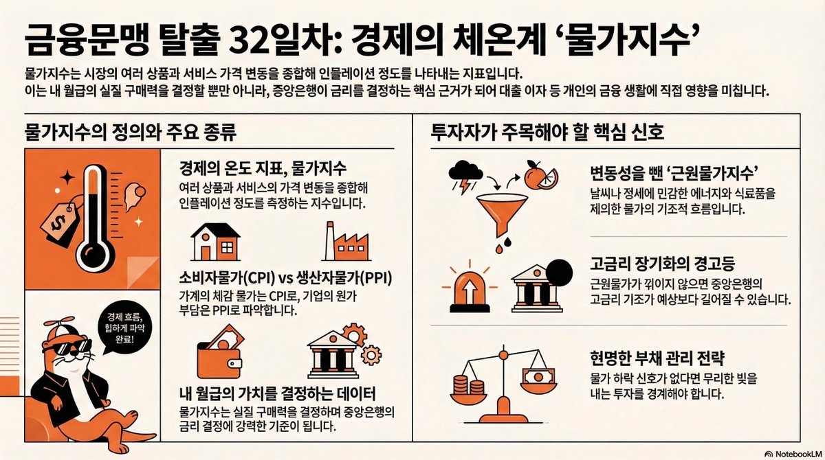 금융문맹 탈출을 위한 핵심 경제 용어 공부
 - 32일차: "물가지수"

[한 줄 요약]
인플레이션의 정도를 파악하기 위해 시장에 있는 여러 상품과 서비스의 가격 변동을 종합해서 나타낸 경제의 체온계예요.

[1. 왜 알아야 할까요?]
물가지수는 내 월급의 진짜 가치(실질 구매력)를 결정짓고,