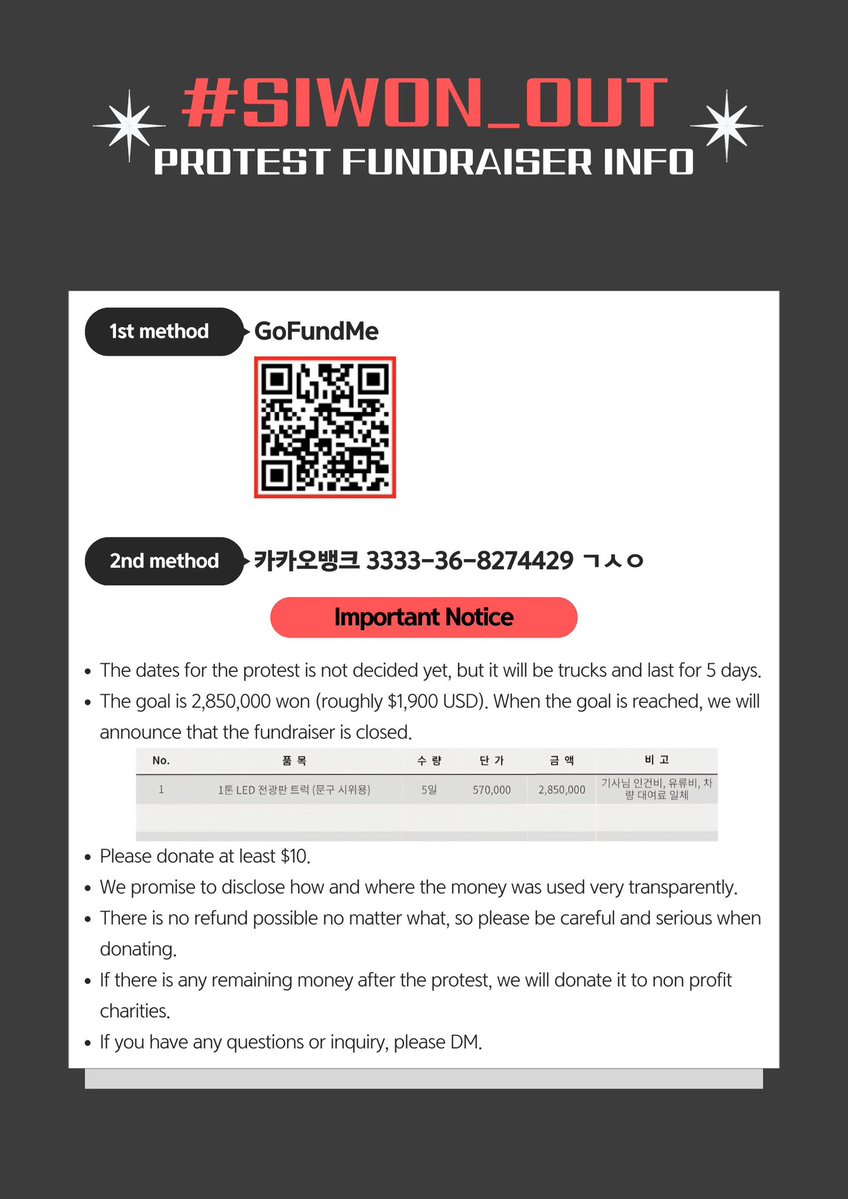 You are invited to contribute financially with Korean ELF for protest trucks via GoFundMe to demand SIWON's expulsion and an official statement from the group. 

For more details please see below. #SIWON_OUT

Link to the GoFundMe is in the replying tweet (or see QR code below).