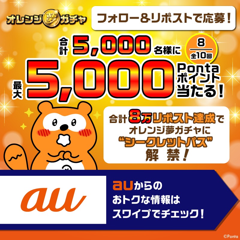 Ponta's tweet photo. ／
オレンジ夢ガチャ
フォロー＆リポストキャンペーン8日目！
＼

合計5,000名様に
最大5,000Pontaポイントがその場で当たる🎯

▼応募方法
①@Pontaをフォロー
②この投稿をリポスト
③画像をタップして結果を確認

さらに、auからのおトク情報も！
詳しくは画像をスワイプしてチェック！