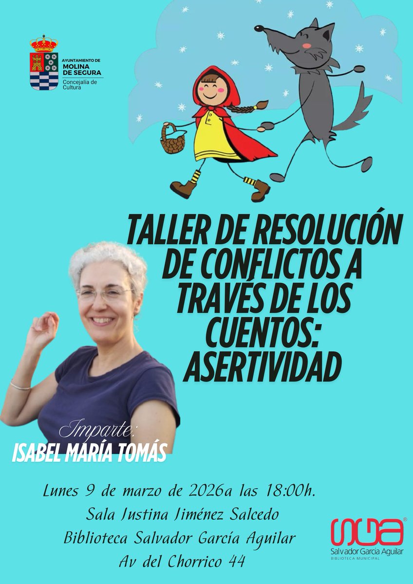 InfoMolina_es's tweet photo. 📚💜 Esta tarde, a las 18.00 h, la @BibliotecaSGA acoge el taller “#ResoluciónDeConflictos a través de los #cuentos: #Asertividad”, organizado por la @Cultura_Molina con motivo del #8M. Impartido por Isabel María Tomás García. #MolinaDeSegura #Cultura https://t.co/aw0d3dWxxc