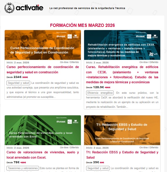 📚 En #COATAlmería os recordamos que tenéis disponible el Boletín de Formación de marzo en la plataforma <a href="/activatie/">activatie</a>.
🔎 Os animamos a consultar las nuevas acciones formativas y jornadas técnicas para profesionales de la #ArquitecturaTécnica.
🔗 +Info:
 activatie.org/web/email.php?…