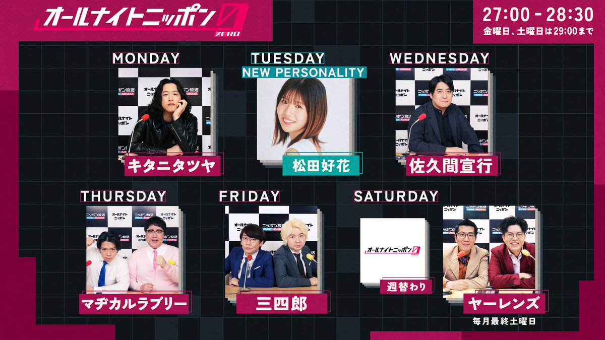 2026年度「オールナイトニッポンZERO」のラインナップが発表されました。 

月）キタニタツヤ
火）松田好花🆕
水）佐久間宣行 
木）マヂカルラブリー 
金）三四郎 
土）ヤーレンズ（月一） 　　
　※ 週替りパーソナリティ 

#ANN記者会見