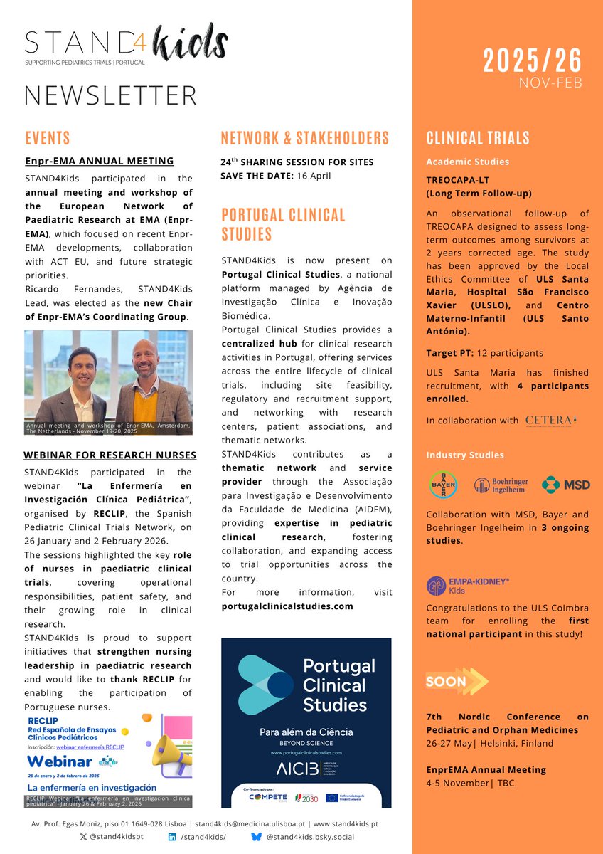 stand4kidspt's tweet photo. 📢 This month’s 𝐧𝐞𝐰𝐬𝐥𝐞𝐭𝐭𝐞𝐫 highlights our activities from November 2025 to February 2026.  

In this edition, we highlight our role in 𝐏𝐨𝐫𝐭𝐮𝐠𝐚𝐥 𝐂𝐥𝐢𝐧𝐢𝐜𝐚𝐥 𝐒𝐭𝐮𝐝𝐢𝐞𝐬 as a thematic network and service provider. 
https://t.co/tYmphNaNXz https://t.co/Xg5MRyo68O