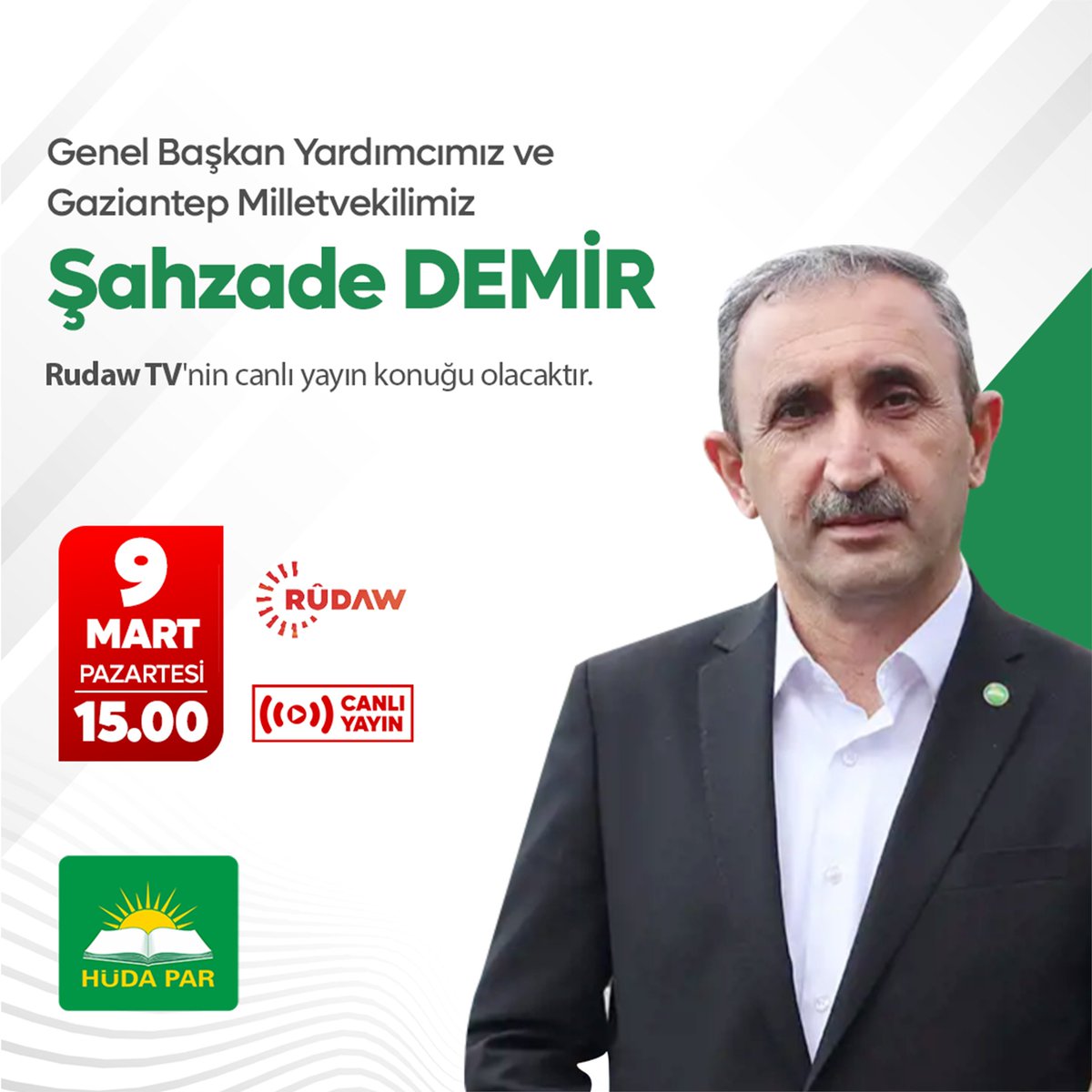 Genel Başkan Yardımcımız ve Gaziantep Milletvekilimiz Şahzade Demir, bugün saat 15.00'te Rudaw TV'nin canlı yayın konuğu olacaktır.