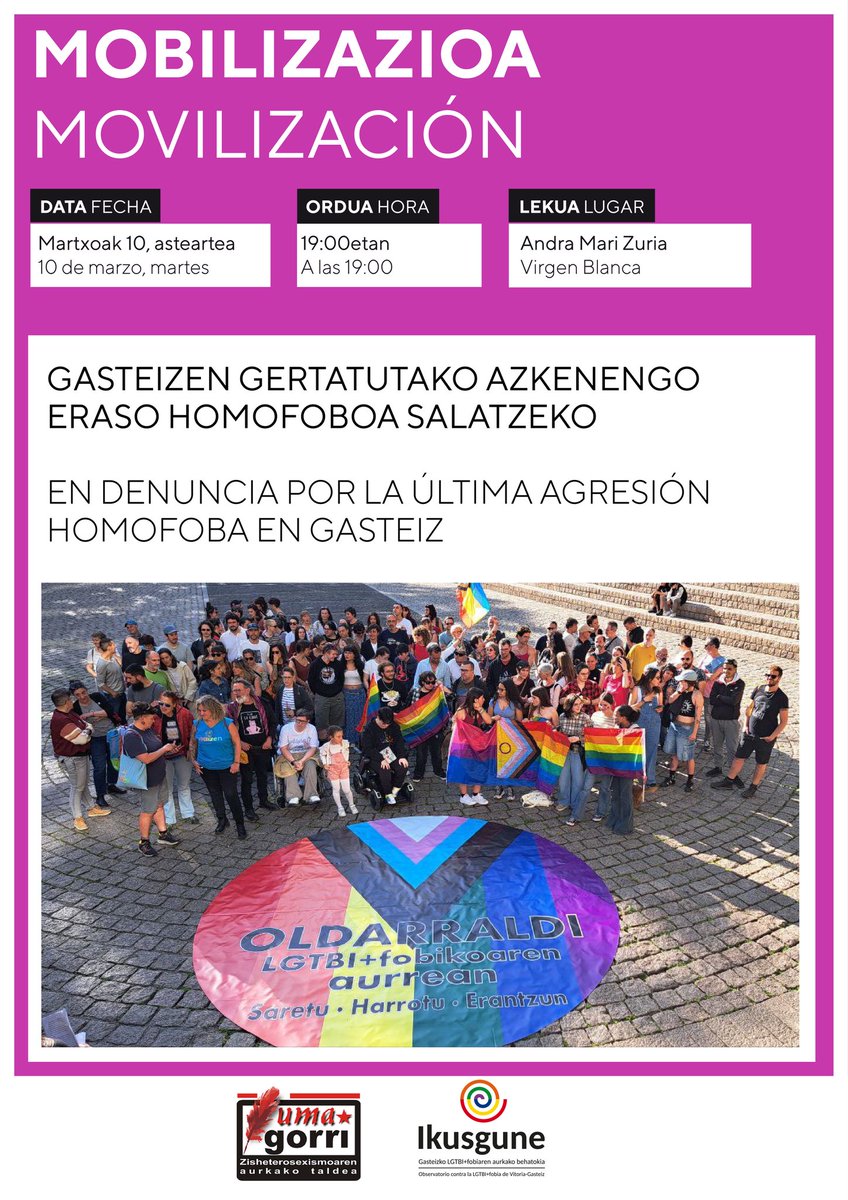 ikusgune's tweet photo. 🏳️‍🌈Asteburuan izandako azkenengo eraso homofoboa salatzeko mobilizazioa.

🏳️‍🌈Movilización para denunciar la agresión homofoba ocurrida este fin de semana en Gasteiz. https://t.co/0oVdhmI9ed