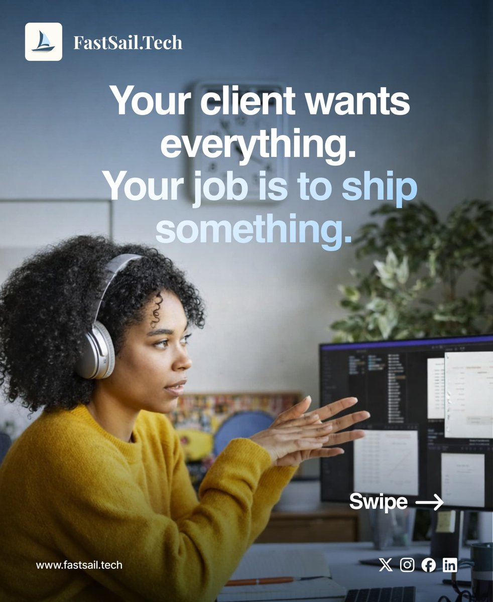FastsailTech's tweet photo. The client never asks for less. That’s your job. 

One of the hardest parts of building digital products? Saying no to good ideas so the great ones can ship. 

Swipe to see how we think about it 👉

#fastsailtech #productthinking #startuplife #mvpdevelopment #foundermindset https://t.co/2nmfSLkJSc