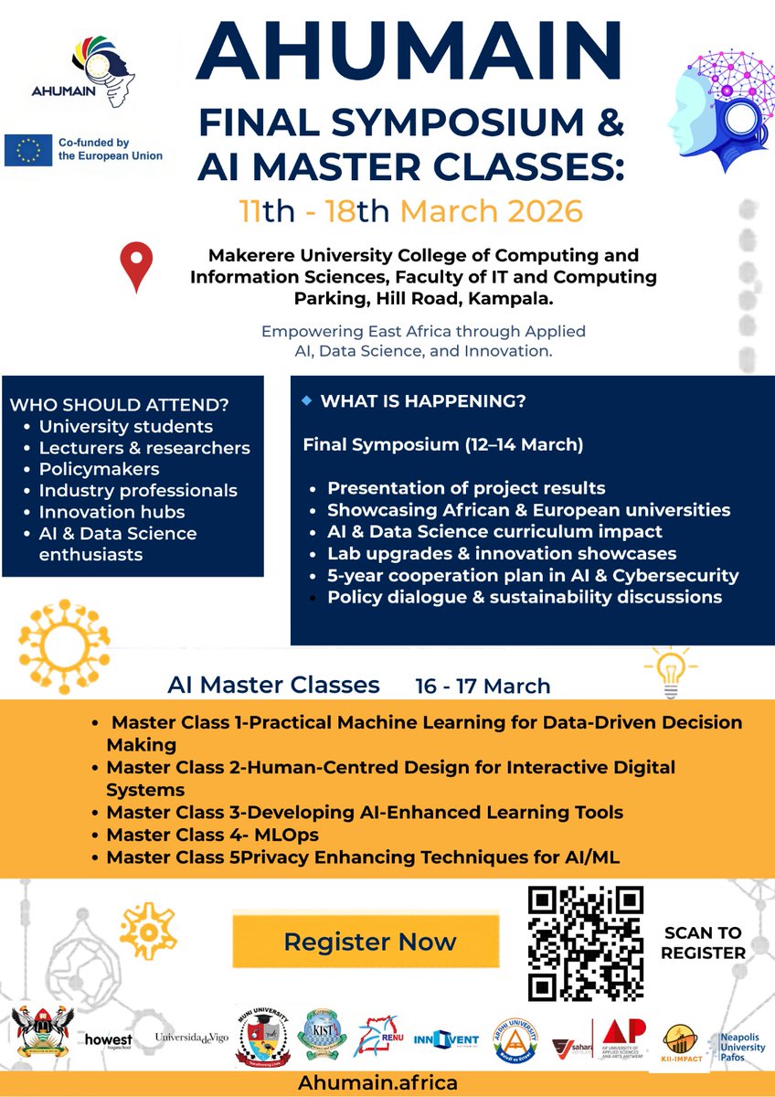 kii_impact's tweet photo. AI minds meet in Kampala.

The AHUMAIN Final Symposium &amp; AI Master Classes land at Makerere University College of Computing and Information Sciences

📅 11–18 March 2026

Expect:
AI showcases 
Hands-on masterclasses
Global university collaboration

KII Impact will be there!! https://t.co/4wM3XuCtIx