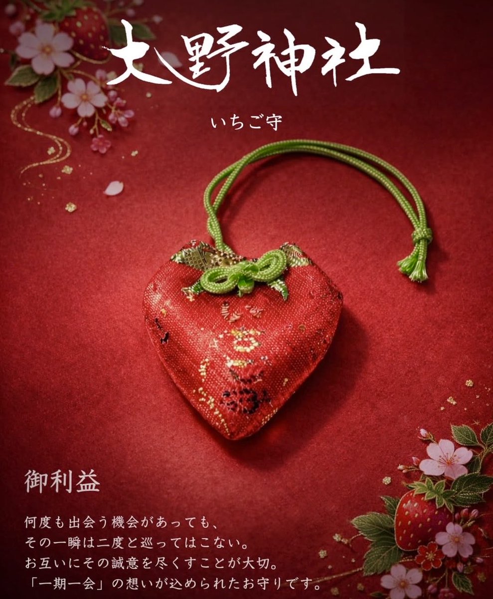 滋賀県栗東市にある大野神社で頒布されている、ご縁のひとときに、お互いが誠意を尽くせるよう、「一期（いちご）一会」の想いを込めた「いちご守り」✨