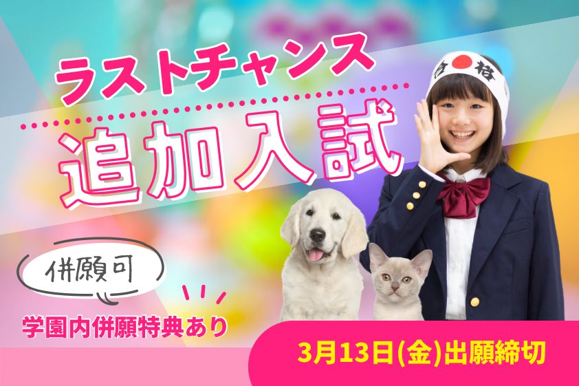 【重要】追加入試のご案内
ヤマザキ動物専門学校では、2026年度一般選抜Ⅵ期を実施いたします。動物分野志望の方は是非ご検討ください！

★Ⅵ期　　
　◉出願期間　3月13日(金)必着
　◉試験日　3月18日(水)　
　※合否通知は6日以内に郵送

詳細&amp;資料請求はコチラ↓↓↓
senmon.yamazaki.ac.jp