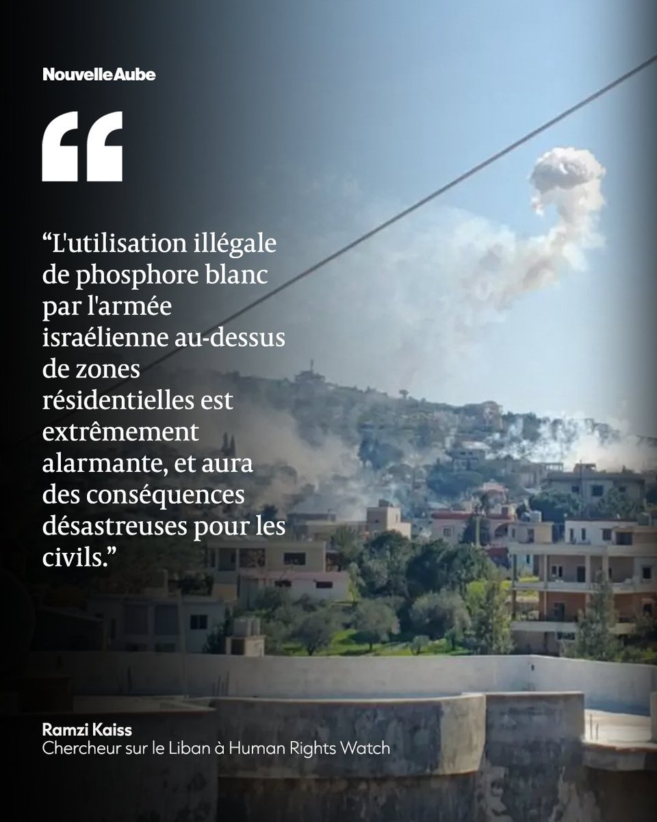 nouvelleaubefr's tweet photo. L'organisation Human Rights Watch a accusé #Israël d'avoir utilisé du #phosphore blanc sur des zones résidentielles peuplées dans le sud du #Liban, indiquant avoir "vérifié et géolocalisé sept images” montrant des munitions au phosphore qui ont explosé. https://t.co/rECc4lbF4X