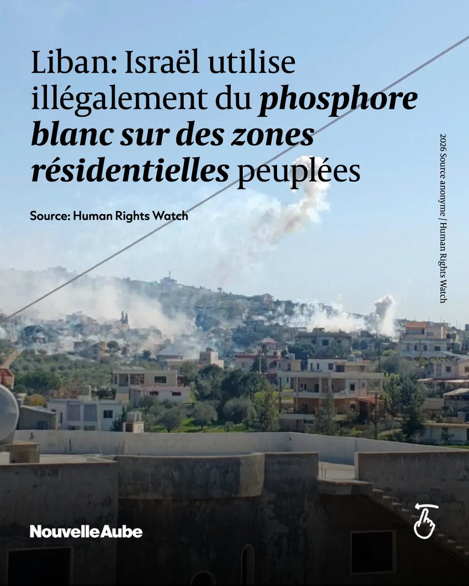 nouvelleaubefr's tweet photo. L'organisation Human Rights Watch a accusé #Israël d'avoir utilisé du #phosphore blanc sur des zones résidentielles peuplées dans le sud du #Liban, indiquant avoir "vérifié et géolocalisé sept images” montrant des munitions au phosphore qui ont explosé. https://t.co/rECc4lbF4X