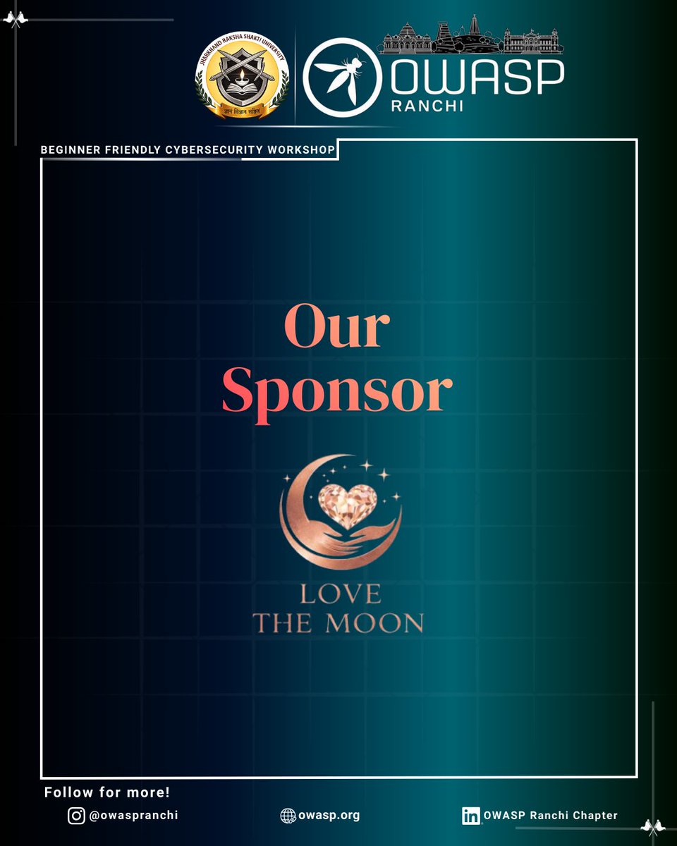 OWASPRanchi's tweet photo. Special thanks to our sponsor Love The Moon, powered by The Moon Technologies, for supporting the OWASP Ranchi Beginner Friendly Cybersecurity Workshop 🔐

Your support helped empower aspiring cybersecurity learners and strengthen the tech community. 

#OWASP #OWASPRanchi #Cyber https://t.co/onUg4NYZcD