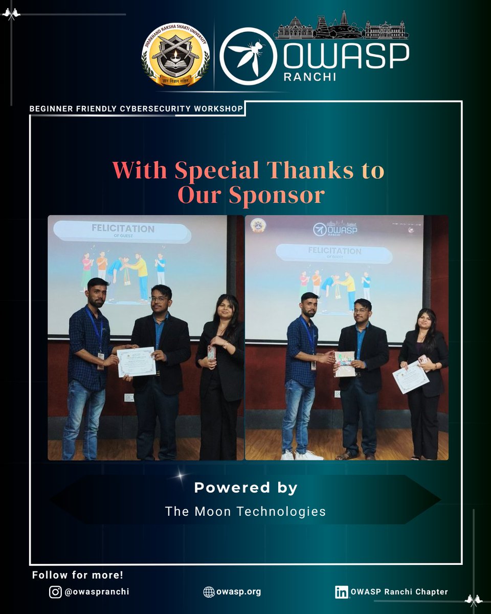 OWASPRanchi's tweet photo. Special thanks to our sponsor Love The Moon, powered by The Moon Technologies, for supporting the OWASP Ranchi Beginner Friendly Cybersecurity Workshop 🔐

Your support helped empower aspiring cybersecurity learners and strengthen the tech community. 

#OWASP #OWASPRanchi #Cyber https://t.co/onUg4NYZcD