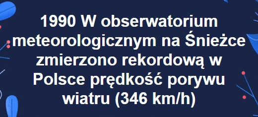 9. marca 1990 - W obserwatorium meteorologicznym na Śnieżce zmierzono rekordową w Polsce prędkość porywu wiatru (346 km/h)