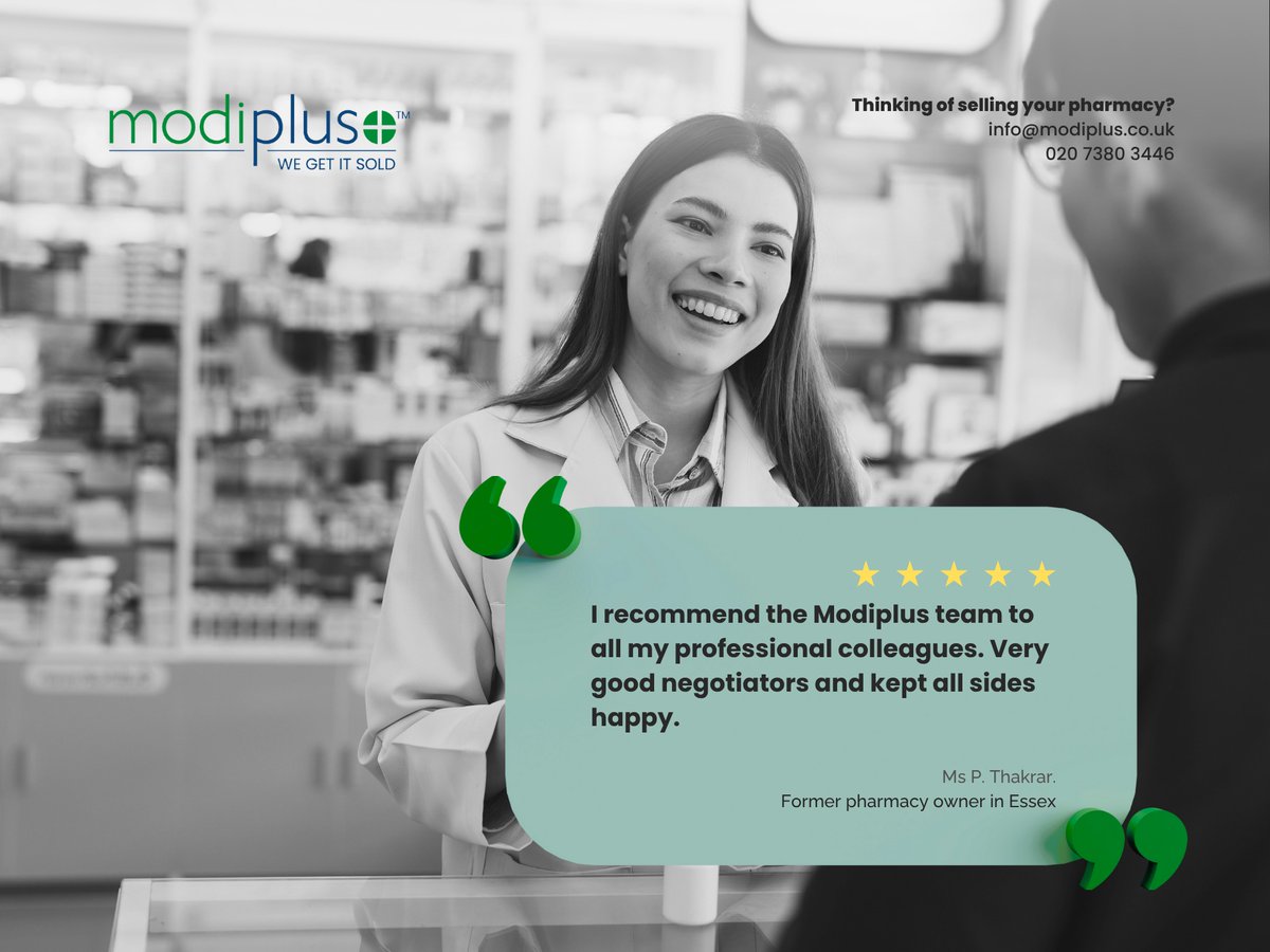 modiplus's tweet image. Join our happy clients and sell your pharmacy through Modiplus! 😀

Whether you want to retire or are ready for a change, we will guide you every step of the way. 🤝

Contact us by email info@modiplus.co.uk or telephone 020 7380 3446.

#Modiplus #WeGetItSold #CommunityPharmacy