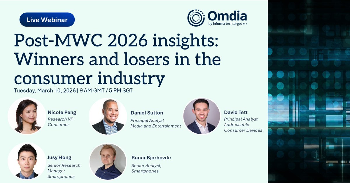 OmdiaHQ's tweet image. What will #MWC2026 mean for device makers, operators, and digital service providers?

Join Omdia's analysts in our post-MWC live webinar on 10 March to unpack the winners, trends, and shifts shaping the consumer industry.

9 AM GMT | 5 PM SGT

Register: brighttalk.com/webcast/20732/…