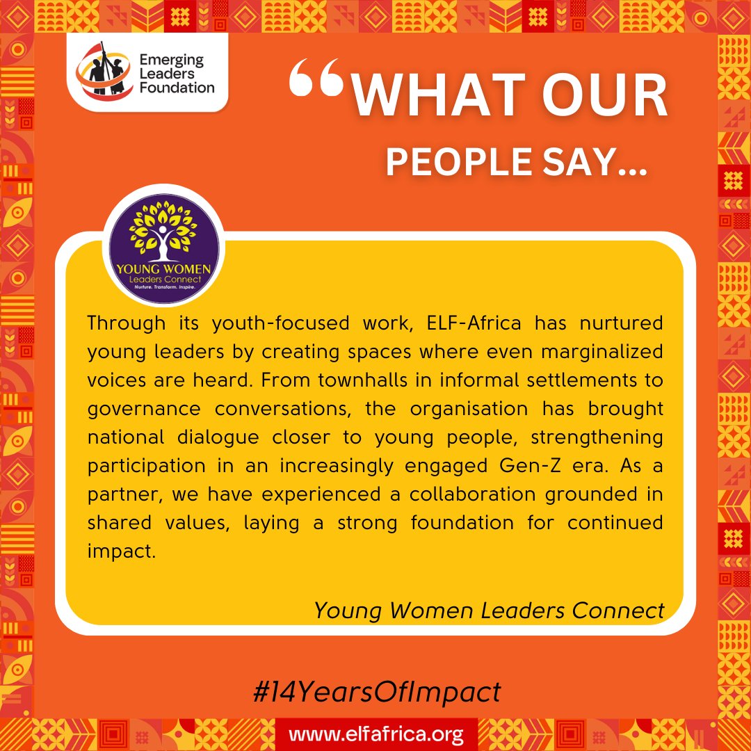 elfafrica1's tweet photo. Change rarely happens in a single moment. It is built through conversations, partnerships, and the courage of people willing to lead differently.

As we celebrate #14YearsOfImpact, we are listening back to the voices that have shaped this journey. Alumni, partners, and collaborators reflect on how youth inclusion and participation in development have evolved over the years.

14 voices. 14 reflections. Stories of progress, possibility, and what comes next. @CMDKenya @MSTCDC @LEAPAfrica @YWLC_Kenya