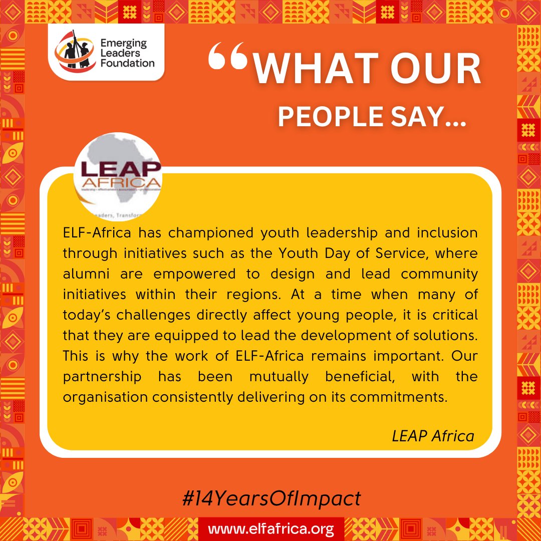 elfafrica1's tweet photo. Change rarely happens in a single moment. It is built through conversations, partnerships, and the courage of people willing to lead differently.

As we celebrate #14YearsOfImpact, we are listening back to the voices that have shaped this journey. Alumni, partners, and collaborators reflect on how youth inclusion and participation in development have evolved over the years.

14 voices. 14 reflections. Stories of progress, possibility, and what comes next. @CMDKenya @MSTCDC @LEAPAfrica @YWLC_Kenya